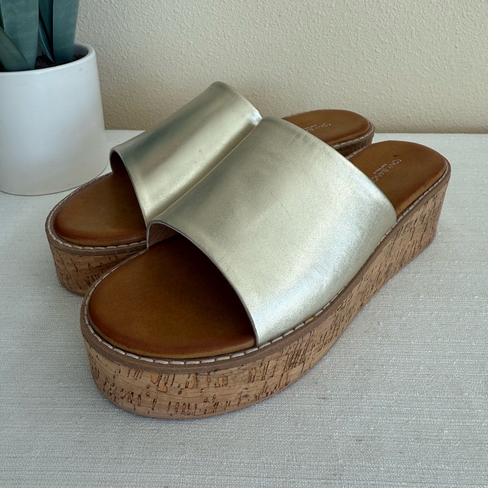 New Tony Bianco Jaye Platinum Nappa Metallic Cork Platform Slide Sandals EU39